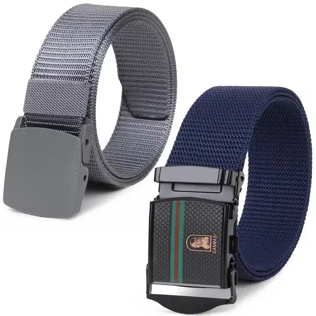 Casual Nylon Belts for Men, Pack of 2 (Grey & Blue)