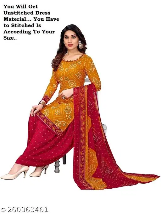 Bandhani Printed Crepe Suits & Dress Materials for Women (Yellow, Un Stitched)