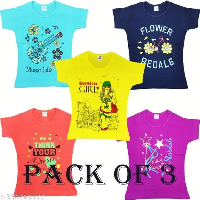 Cotton Half Sleeves T-Shirt for Girls, Pack of 3 (Multicolor, 1-2 Years)