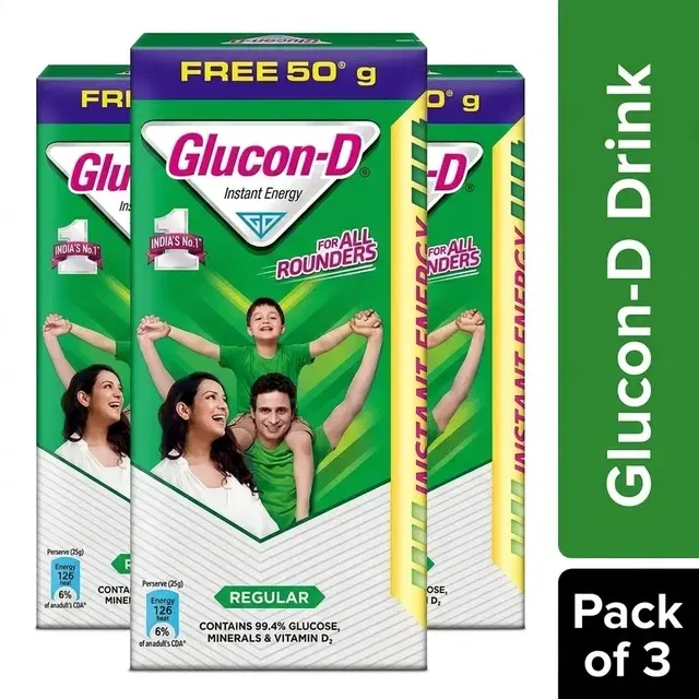 Glucon-D Regular Flavored Drink 3X75 g+50 g Extra - Pack of 3
