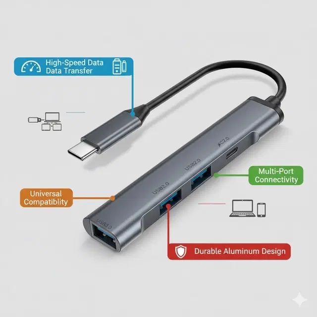 Type-C USB Multiport Adapter , Grey, Pack Of 1