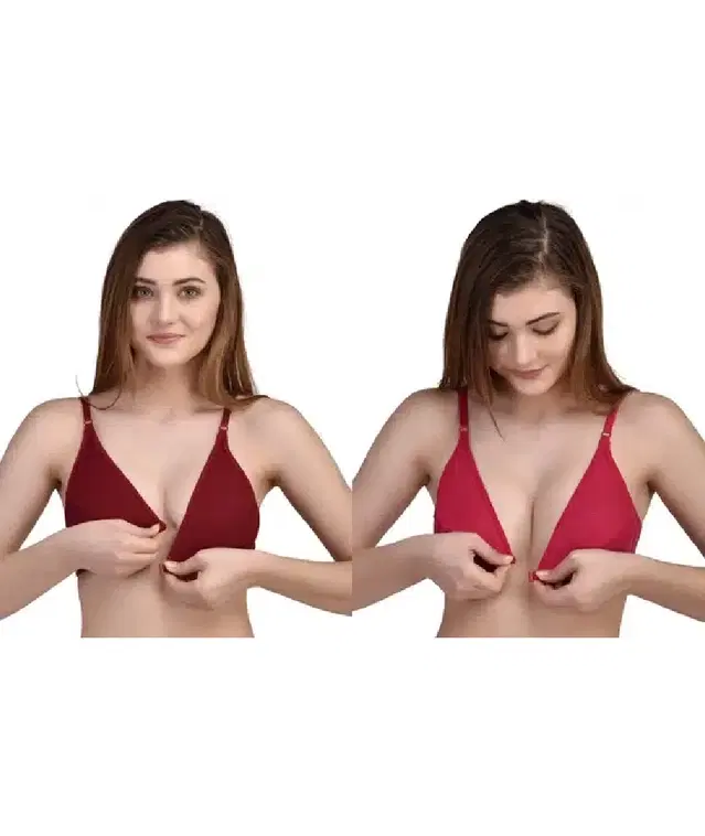 Cotton Blend Solid Non-Padded Bras for Women, Multicolor, Pack  of 2, (32 B)