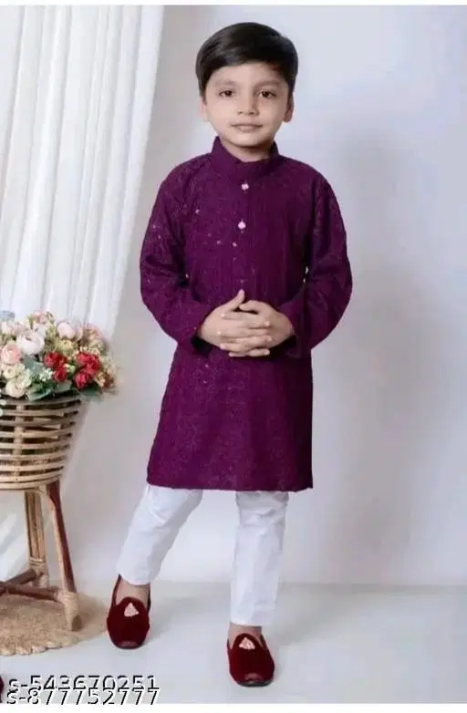 Sequin-Embellished Rayon Kurta Set for Boys (White, 5-6 Years)
