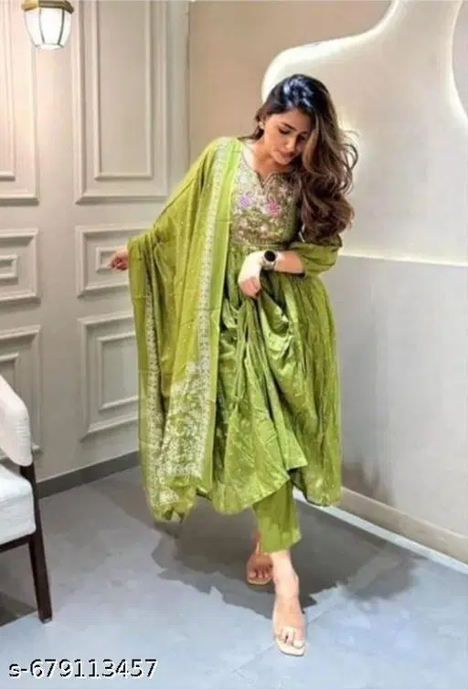 Printed Acrylic Kurta Set for Women (Green, XXL)