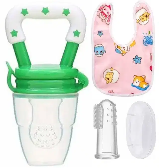 Silicone Fruit Feeder with Finger Brush & Bib for Kids, Multicolor, Set of 3