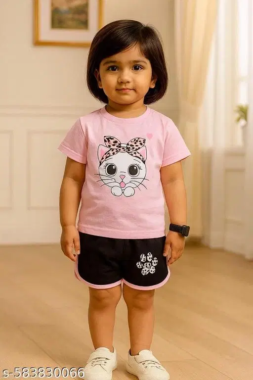 Hosiery Cotton Printed Clothing Set for Kids, Black & Pink (0-3 Months)