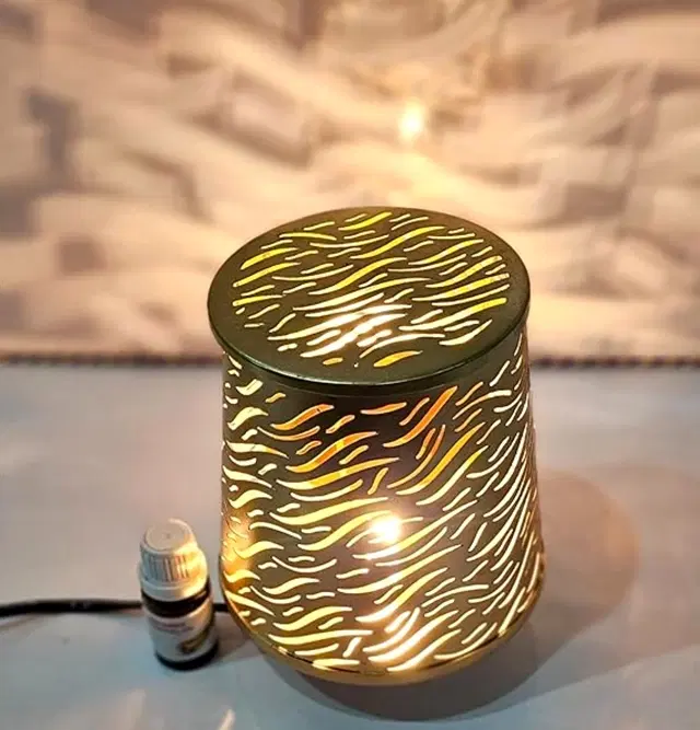Metal Decorative Electric Moroccan-Style Oil Burner with Oil, 10 ml, Gold, Set of 1