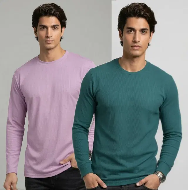 Polyester T-shirt for Men, Lavender & Teal, Pack of 2 (M)