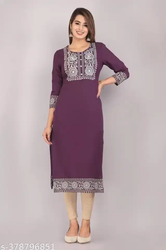 Rayon Embroidered Kurti for Women (Purple, XS)