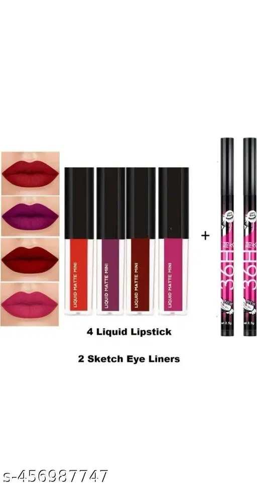 4 Pcs Liquid Lipstick with 2 Pcs Eyeliner, Multicolor, Set of 2