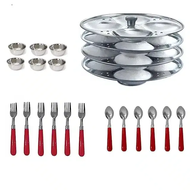 Stainless Steel 6 Chatni Katori,6 fork, 6 Chammach & Idli Making Stand, Combo of 4