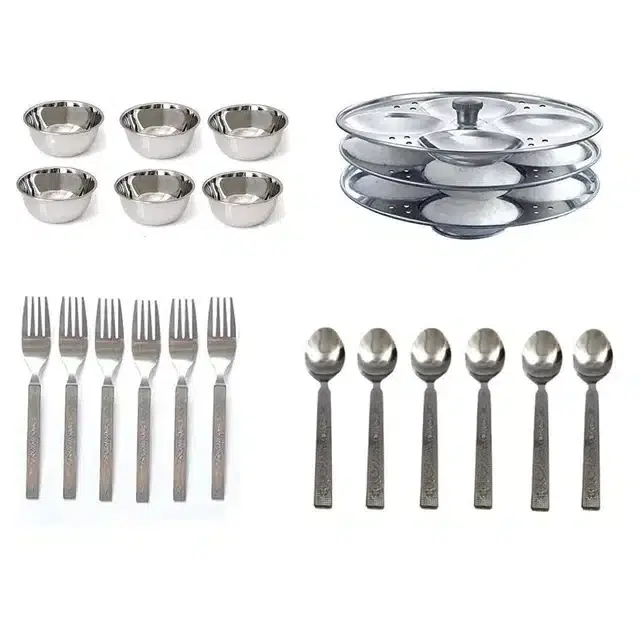 Stainless Steel 6 Chatni Karori, 6 Steel Chammach,6 Steel fork & Idli Making Stand of 3 Plates, Combo of 4