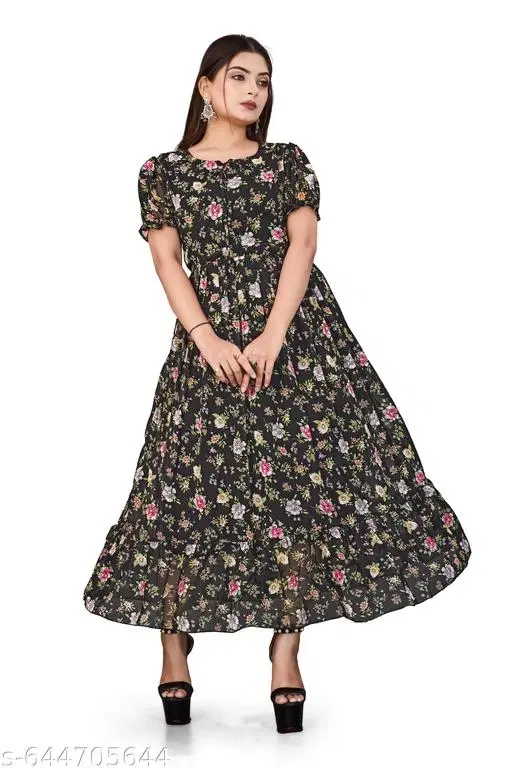 Floral Maxi Dress for Women (Black, S)