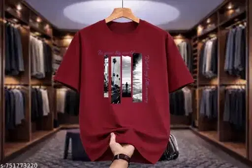 Round Neck  Printed T-shirts for Men (Maroon, M)