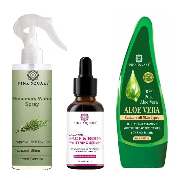Pink Square Rosemary Hair Spray, 100 ml with Face & Body Whitening Serum, 30 ml & Natural Aloevera Face Gel, 130 ml, Set of 3