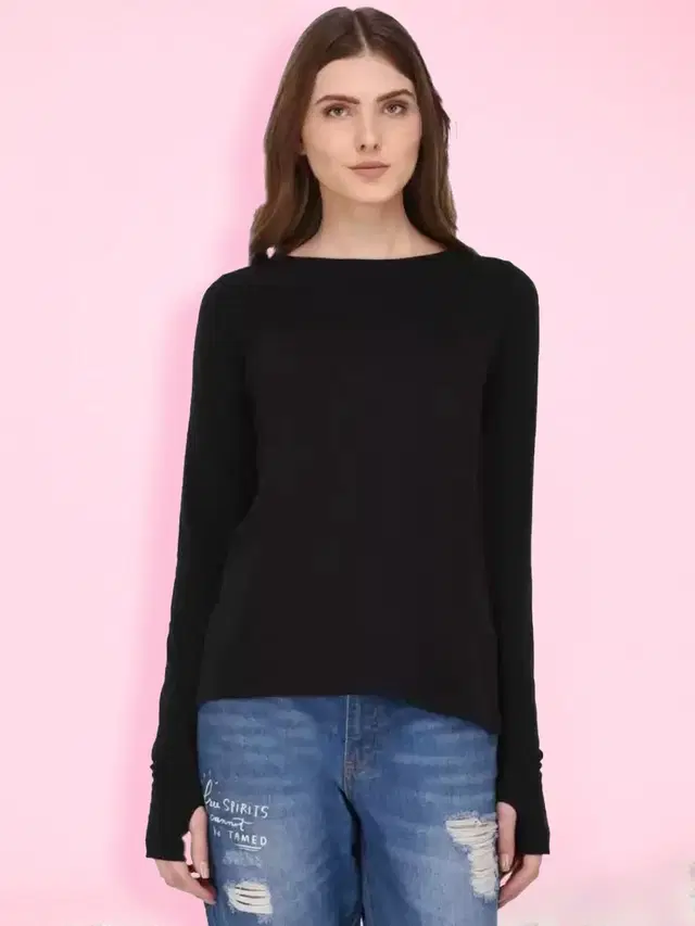 Cotton Blend Solid Top for Women (Black, S)