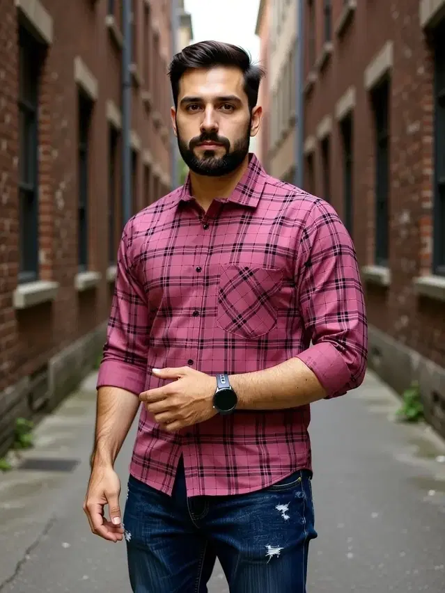 Spread Collar Men Shirt Checked Pink, M