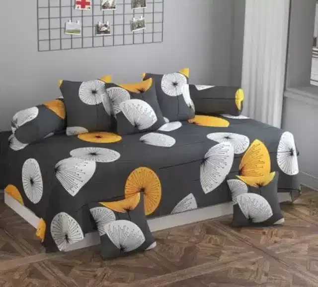 Cotton 3D Printed Diwan Set, Multicolor, Set of 8