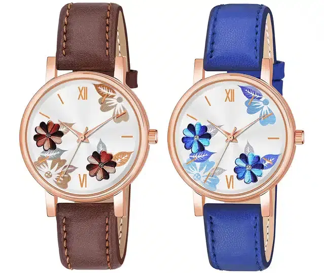 Designer Leather Analog Watch for Women & Girls, Pack of 2 (Blue & Brown)