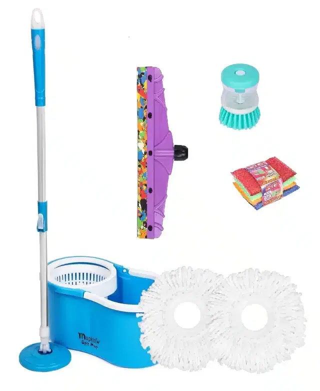 PVC Magic Spin Bucket Mop with 2 Refill & Cleaning Accessories Set, Blue, Set of 4