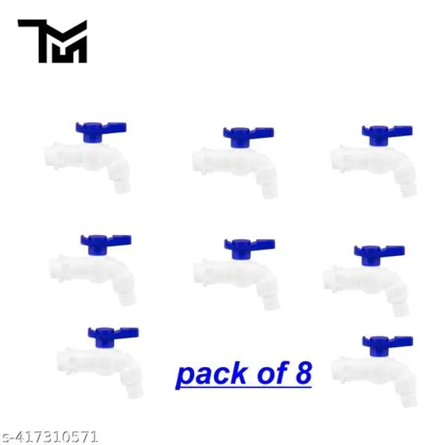 Plastic Nozzle Bib Cock Taps, White & Blue, Pack of 8