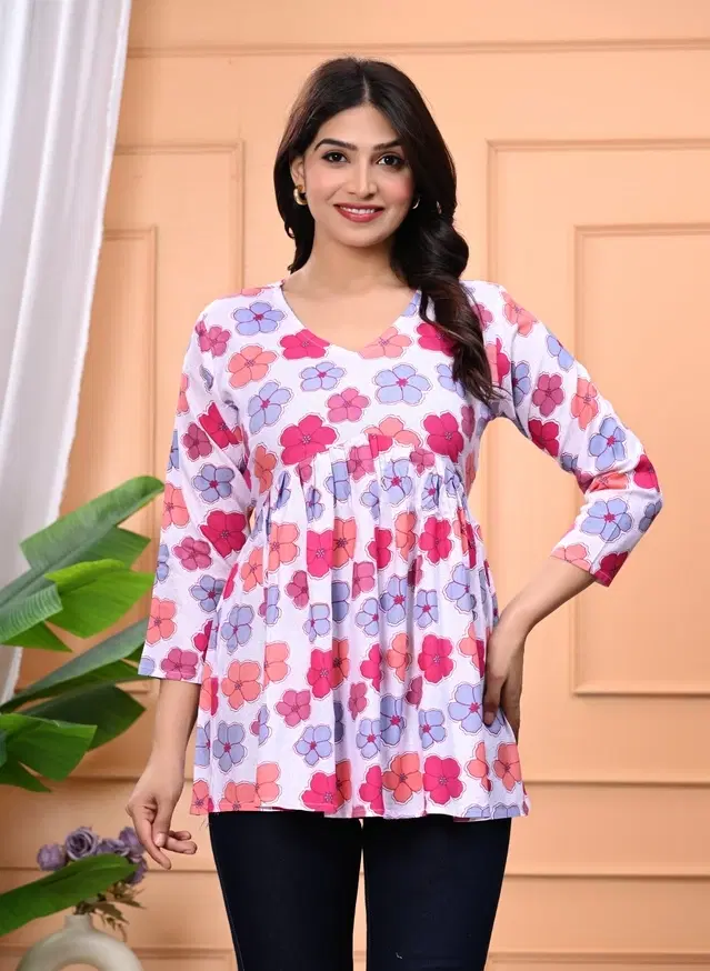 Rayon Floral Print Short Kurti for Women, Pink (XL)