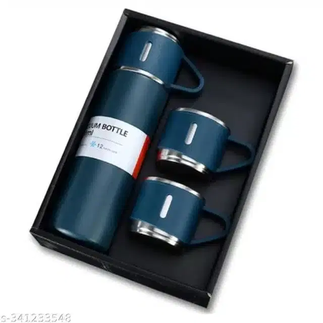 Stainless Steel Water Bottle with 2 Pcs Cups, Blue, Set of 2