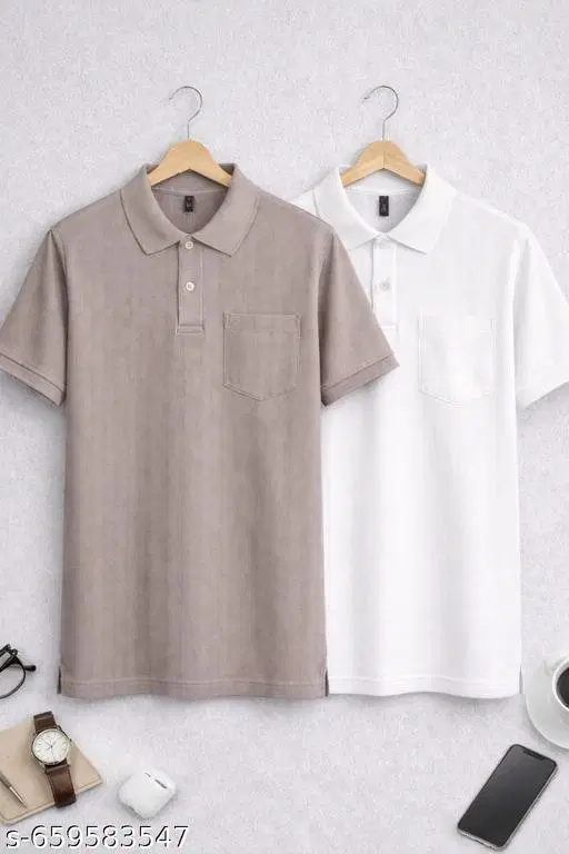 Cotton Blend Solid T-shirt for men, White & Beige (L) Pack of 2