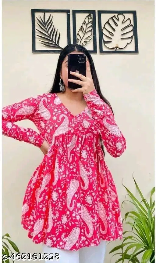 Rayon Printed Short Kurti for Women, Pink (S)