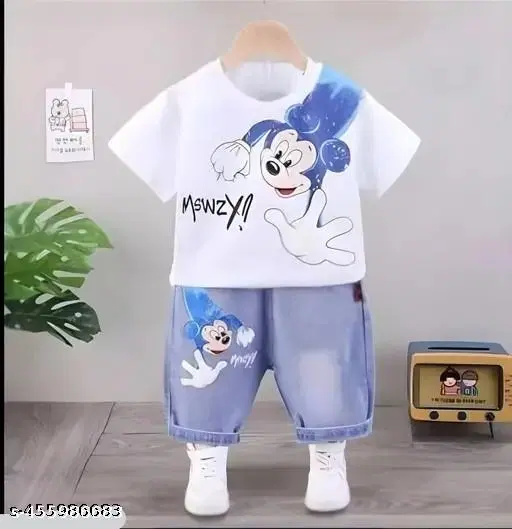 Cartoon Stripe Print Cotton Half Sleeve T-shirt and Denim Shorts Clothing Set for Kids (White, 4-6 Months)