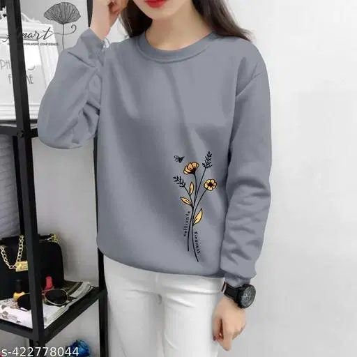 Cotton Blend Printed Sweatshirt for Women (Grey, XS)