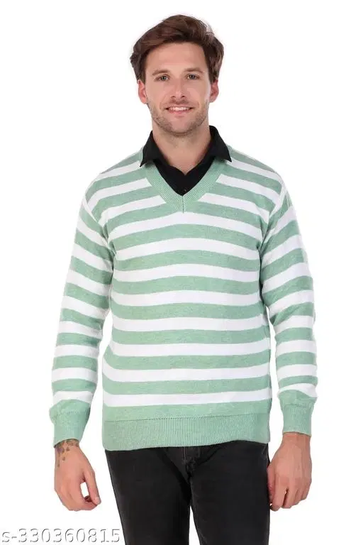 Full Sleeves Sweater for Men (Sea Green & White, XL)