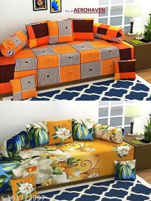 Polycotton Diwan Cover Set, Multicolor, Combo of 2
