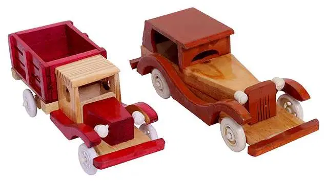Wooden Handmade Vintage Classic Vehicle Truck Showpiece Toy For Kids, Set Of 2, Multicolor, D-133
