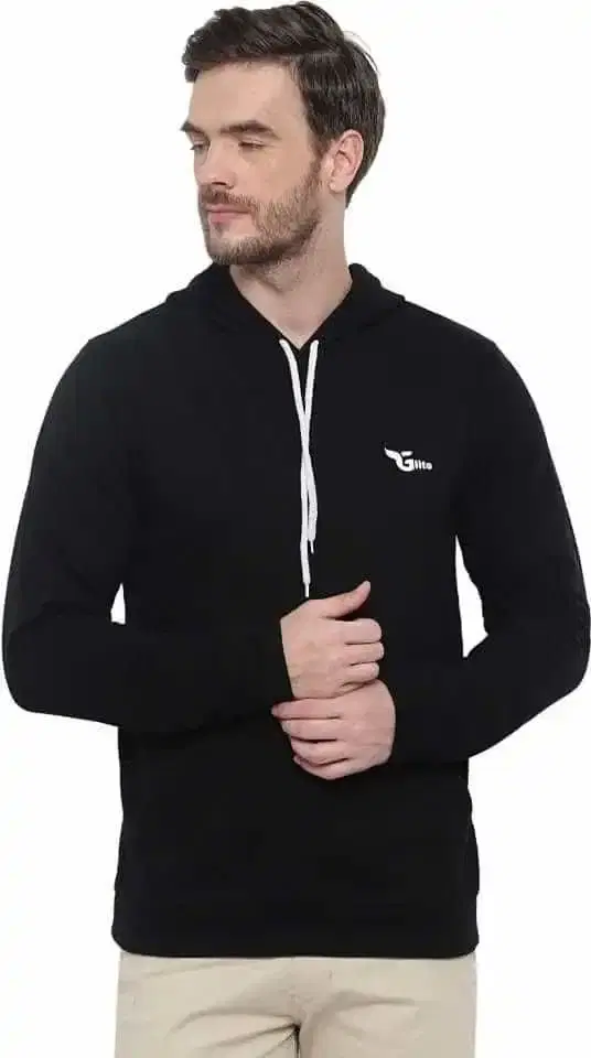 Glito Solid Hooded Sweat Shirt With Sied Pocket For Men (Black, S)