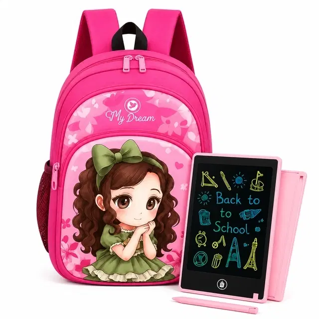 Pretty Girl School Bag with LCD Writing Tablet 8.5 Inch [Set of 2, Multicolor]
