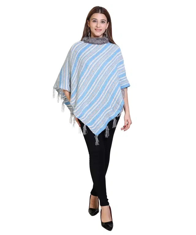 Woolen Self-Design Ponchos for Women (Blue, L)