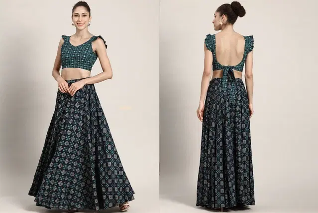 Rayon Printed Lehenga Choli with Dupatta for Women (Navy Blue)