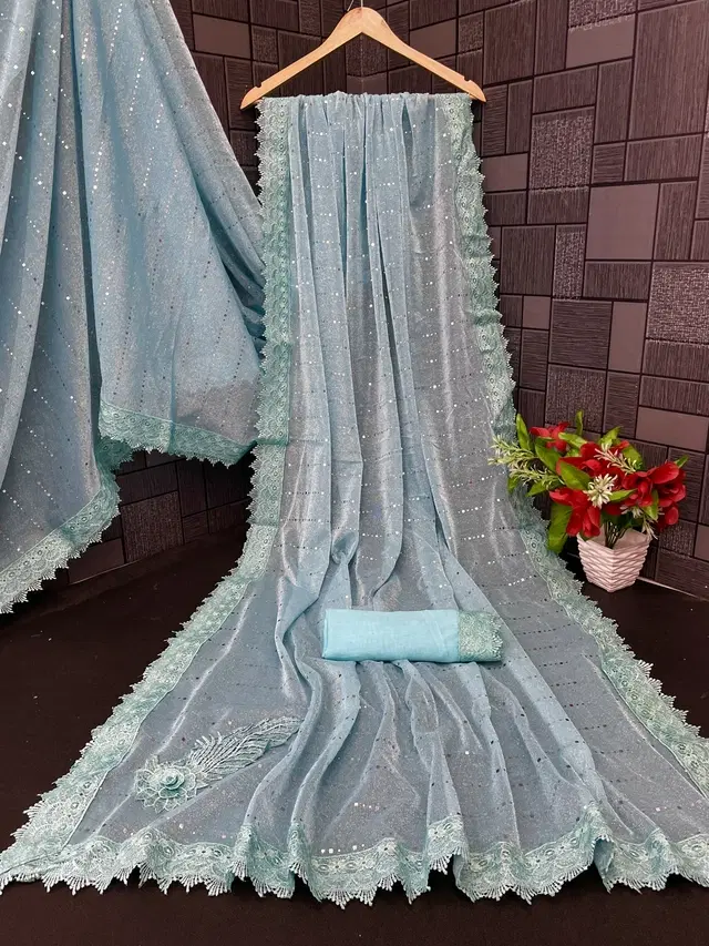 Lycra Blend Solid Saree for Women, Sky Blue (6.3 m)