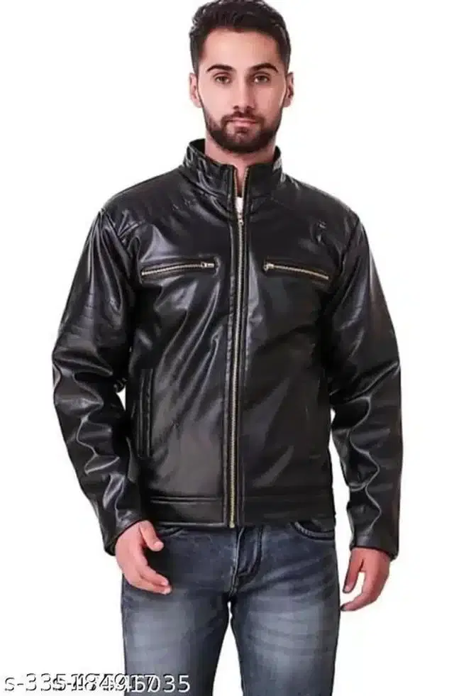 Synthetic Leather Full Sleeves Solid Jacket for Men (Black, M)