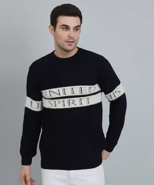 Wool Blend Printed Sweater for Men (Navy Blue, M)
