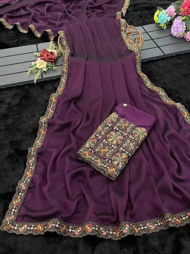 Crepe Solid Saree for Women, Wine (6.3 m)