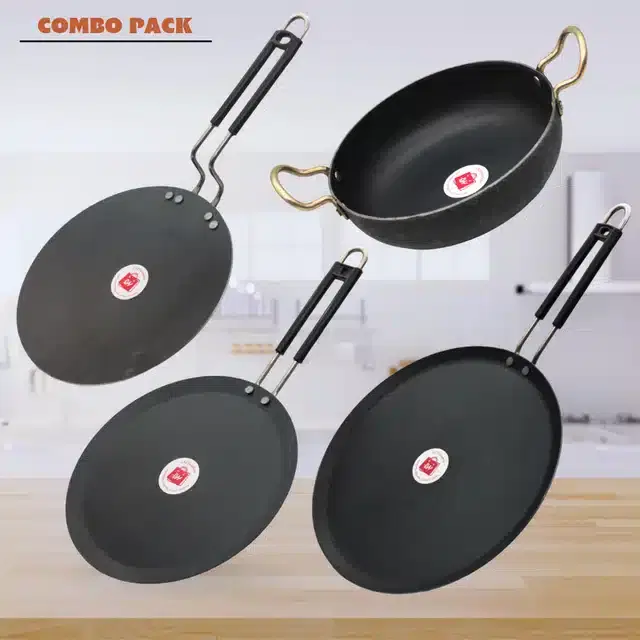 LAZYwindow Induction Base Iron Tawa and Deep Bottom Kadai Combo, Black, Pack of 4