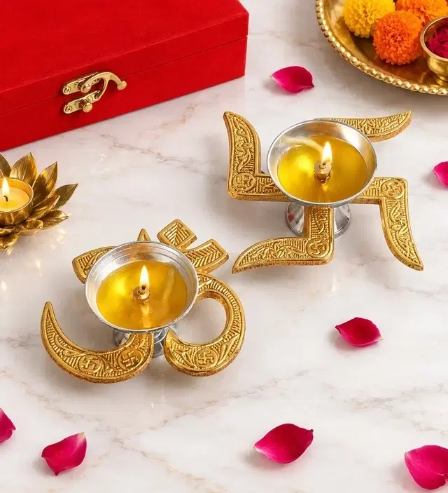 Traditional Brass Om And Swastik Diya For Pooja