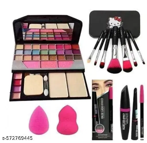 Combo Face Makeup Kit With 7 Pc Makeup Brush Set Different Size With Tya 5024 Makeup Kit + 2 Pc Beauty Blender Puff And 3in1 Mascara Pack Of 4