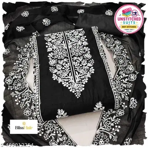 Chanderi Cotton Embroidered Punjabi/All Over Suits for Women (Black, Un Stitched)