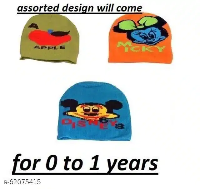 Woolen Cap for Kids, Pack of 3 (Multicolor, 0-1 Years)