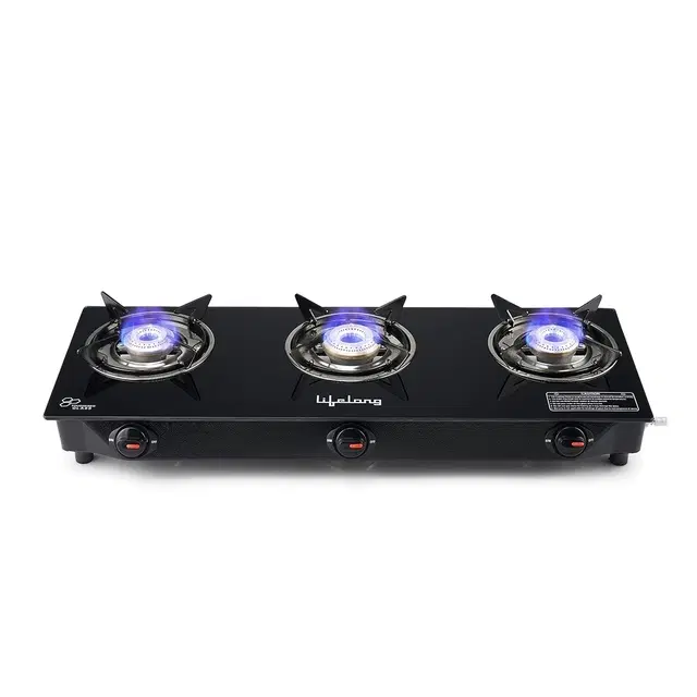 Lifelong Llgs930 Glass Top 3 Burner (Isi Certified,1 Year Warranty With Doorstep Service) Glass Manual Gas Stove (3 Burners)