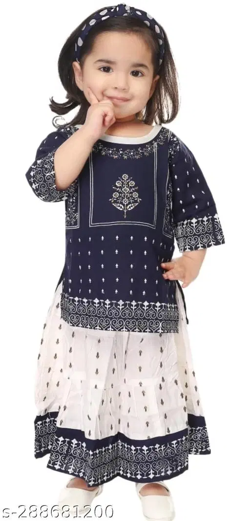 Rayon Kurta Set for Girls (Navy Blue & White, 0-6 Months)