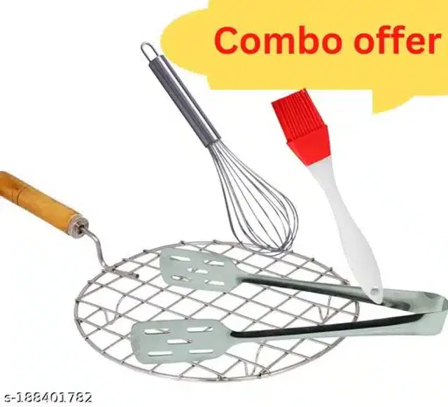 Stainless Steel BBQ Grill with Cooking Tong, Whisk & Oil Brush, Red & Silver, Set of 4